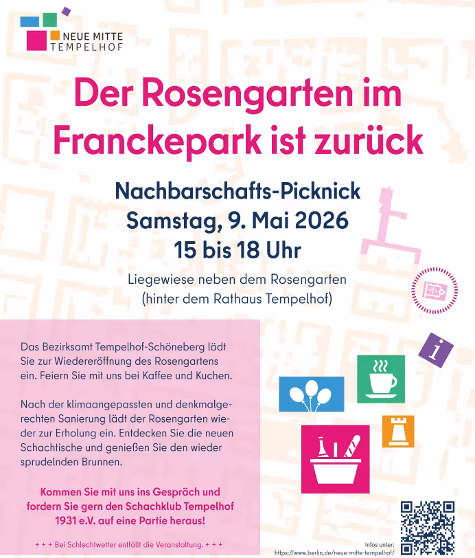 Einladungsplakat Eröffnung Rosengarten im Franckpark am 9. Mai 2026, 15 Uhr