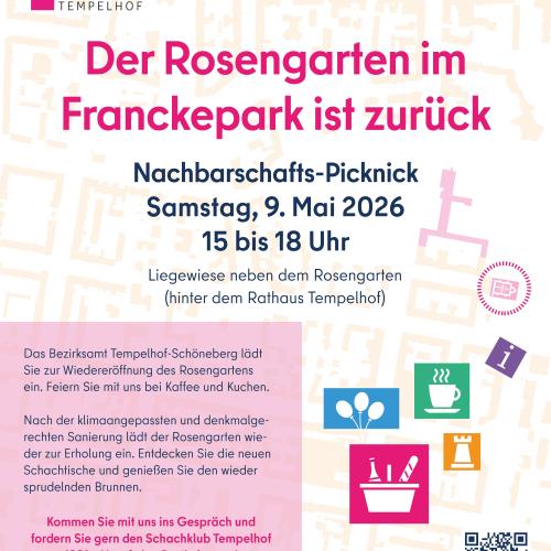 Einladungsplakat Eröffnung Rosengarten im Franckpark am 9. Mai 2026, 15 Uhr